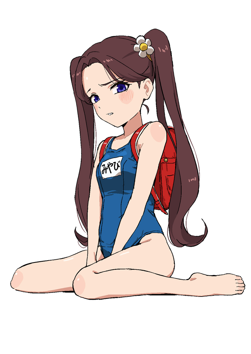 aikatsu! aikatsu!_(series) backpack bag barefoot blue_eyes blue_one-piece_swimsuit blush breasts brown_hair female flower fujiwara_miyabi_(aikatsu!) hair_flower hair_ornament highres long_hair looking_at_viewer name_tag old_school_swimsuit one-piece_swimsuit osame randoseru red_bag school_swimsuit sitting small_breasts solo swimsuit twintails wariza