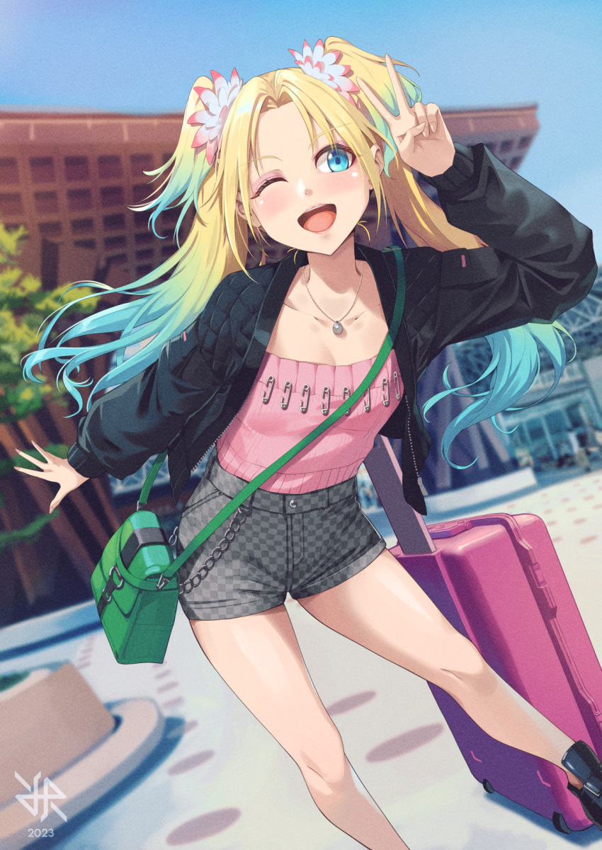 2023 artist_logo bag black_footwear black_jacket blonde_hair blue_eyes blue_hair blue_sky breasts checkered_shorts commentary_request female flower gradient_hair grey_shorts hair_flower hair_ornament highres hiroki_ree jacket jewelry link!_like!_love_live! long_hair long_sleeves love_live! multicolored_hair necklace one_eye_closed open_clothes open_jacket open_mouth osawa_rurino pink_shirt safety_pin shirt shorts shoulder_bag sky small_breasts smile solo twintails v