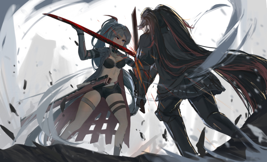 2girls absurdres alpha_(punishing:_gray_raven) black_bra black_hair black_jacket black_shorts bra breasts chinese_commentary commentary dual_wielding fighting grey_hair grey_jacket highres holding holding_sword holding_weapon jacket katana long_hair lucia:_crimson_weave_(punishing:_gray_raven) lucia:_plume_(punishing:_gray_raven) lucia_(punishing:_gray_raven) mechanical_arms mechanical_legs medium_breasts multicolored_hair multiple_girls navel open_clothes open_jacket ponytail punishing:_gray_raven red_hair s7218 sheath short_shorts shorts streaked_hair sword thigh_strap twintails underwear very_long_hair weapon