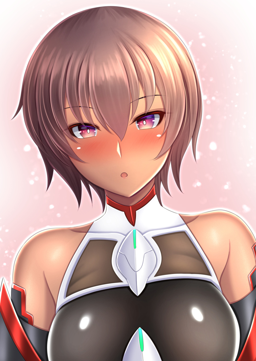 :o absurdres alternate_hair_length alternate_hairstyle bare_shoulders blush brown_hair dark-skinned_female dark_skin female highres impossible_clothes impossible_leotard kanna_(minamozuki) leotard looking_at_viewer mizuki_yukikaze ninja open_mouth pink_eyes short_hair sleeveless solo taimanin_(series) taimanin_rpgx taimanin_suit upper_body