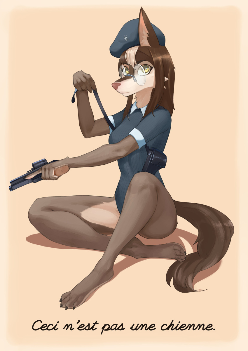 4_toes absurd_res anthro avoid_posting breasts brown_body brown_fur brown_hair canid canine canis claws clothed clothing countershading digital_media_(artwork) eyewear feet female fingers fur glasses gun hair handgun hi_res holding_gun holding_handgun holding_object holding_pistol holding_ranged_weapon holding_revolver holding_weapon leotard looking_at_viewer mammal pistol ranged_weapon revolver shoulder_holster simple_background sitting smoothsharb solo tan_body text toe_claws toes weapon yvonne_(smoothsharb)