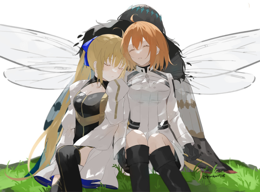 1boy 2girls absurdres ahoge artoria_caster_(fate) artoria_pendragon_(fate) back-to-back black_gloves black_hair black_thighhighs blonde_hair blue_ribbon boots breasts cleavage closed_eyes diamond_hairband dragonfly_wings eyelashes fate/grand_order fate_(series) fujimaru_ritsuka_(female) gloves highres long_hair long_sleeves multiple_girls oberon_(fate) oberon_(third_ascension)_(fate) on_grass orange_hair parted_lips ribbon romo827 short_hair simple_background sitting thighhighs twitter_username very_long_hair white_background