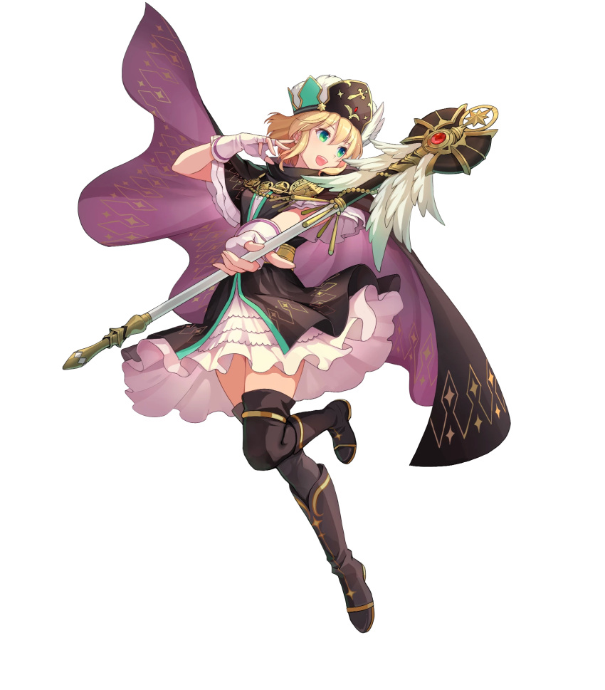 blonde_hair boots cape dress female fingerless_gloves fire_emblem fire_emblem:_genealogy_of_the_holy_war fire_emblem_heroes full_body gloves green_eyes hat highres holding knee_boots konfuzikokon layered_skirt leg_up looking_away nanna_(fire_emblem) nanna_(scion)_(fire_emblem) non-web_source official_art open_mouth short_dress short_hair short_sleeves sidelocks skirt smile solo staff thighhighs transparent_background