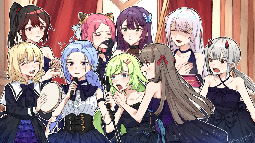 6+girls :d :| ahoge arm_strap assault_lily bare_arms bare_shoulders black_bow black_bowtie black_choker black_dress black_gloves black_jacket black_shirt blonde_hair blue_eyes blue_hair blue_skirt blunt_ends blush bow bowtie braid braided_ponytail breasts brown_hair butterfly_hair_ornament castanets center_frills choker cleavage closed_eyes closed_mouth collarbone commentary_request corset covered_mouth criss-cross_halter curtains danji_bang dress dress_bow drill_hair eighth_note facing_another false_smile fangs flower frilled_dress frilled_shirt frilled_shirt_collar frilled_skirt frills fujita_asagao funada_kiito funada_ui gloves gradient_dress gradient_skirt green_eyes green_hair grey_hair hair_behind_ear hair_flower hair_ornament hair_ribbon hairclip hairpods halter_dress halterneck hand_to_own_mouth hand_up hands_up high_ponytail highres holding holding_another's_hair holding_hands holding_instrument holding_microphone holding_microphone_stand horns igusa_subaru imamura_yukari_(assault_lily) indoors instrument interlocked_fingers jacket kawabata_hotaru korean_commentary kozue_west long_hair long_sleeves looking_at_another looking_away low_twintails medium_breasts microphone microphone_stand mixed-language_commentary multiple_girls musical_note nagasawa_yuki_(assault_lily) one_eye_closed open_clothes open_jacket open_mouth outline own_hands_together parted_bangs parted_lips pink_eyes pink_flower pink_hair ponytail print_dress print_jacket profile purple_dress purple_eyes purple_hair purple_skirt red_eyes red_horns red_ribbon ribbon shaded_face shiba_tomoshibi shirt short_hair siblings side-by-side side_braid sideways_glance single_braid sisters skirt sleeveless sleeveless_shirt smelling smelling_hair smile sparkle_print standing starry_sky_print strapless strapless_dress sweatdrop tambourine twin_drills twintails underbust v-shaped_eyebrows white_hair white_outline white_ribbon white_shirt yuri