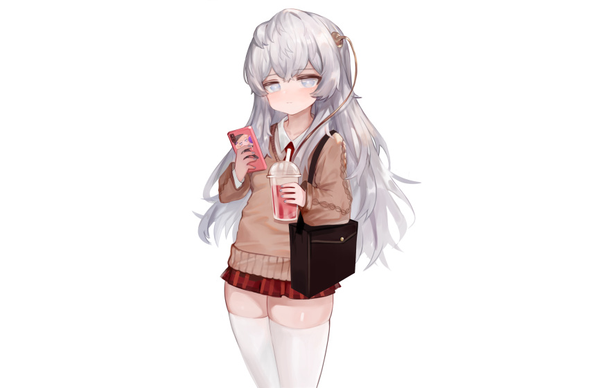 anthro blue_eyes dokomon drink girls_frontline gray_hair long_hair phone ribeyrolles_1918_(girls_frontline) school_uniform skirt thighhighs tie white zettai_ryouiki