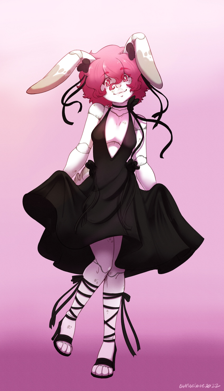 2022 anthro biped caninelove clothing digital_media_(artwork) doll dress hair halloween hi_res holidays koda_(koda57477247) lagomorph leporid mammal pink_hair rabbit solo trans_(lore)