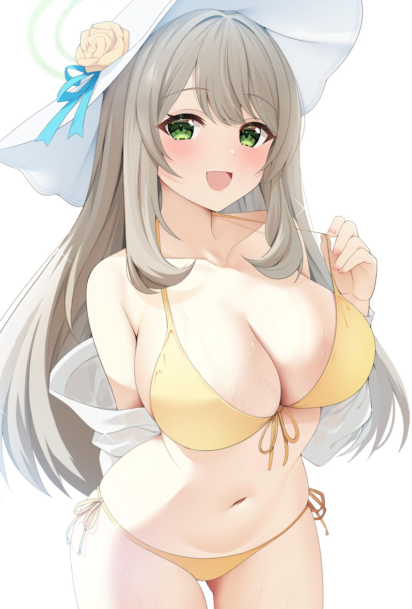 :d absurdres arm_behind_back bad_id bad_pixiv_id bikini blue_archive blush breasts cleavage collarbone female flower green_eyes halo halterneck hat hat_flower highres jacket large_breasts leaning_forward light_brown_hair looking_at_viewer md5_mismatch navel nonomi_(blue_archive) nonomi_(swimsuit)_(blue_archive) official_alternate_costume open_clothes open_jacket open_mouth rei_(ilust9999) revision rose side-tie_bikini_bottom sideboob simple_background smile solo stomach string_bikini sun_hat swimsuit white_background white_hat yellow_bikini yellow_flower yellow_rose