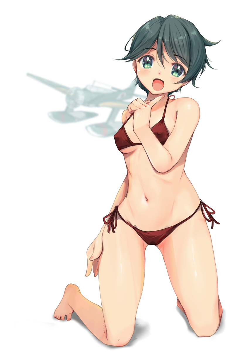 absurdres aircraft airplane bikini black_hair breasts commentary_request cosplay e16a_zuiun female full_body green_eyes highres kantai_collection kneeling mikuma_(2016_swimsuit_mode)_(kancolle) mikuma_(kancolle) mikuma_(kancolle)_(cosplay) mogami_(kancolle) navel open_mouth red_bikini short_hair shorts side-tie_bikini_bottom simple_background small_breasts smile solo swept_bangs swimsuit white_background yashin_(yasinz)