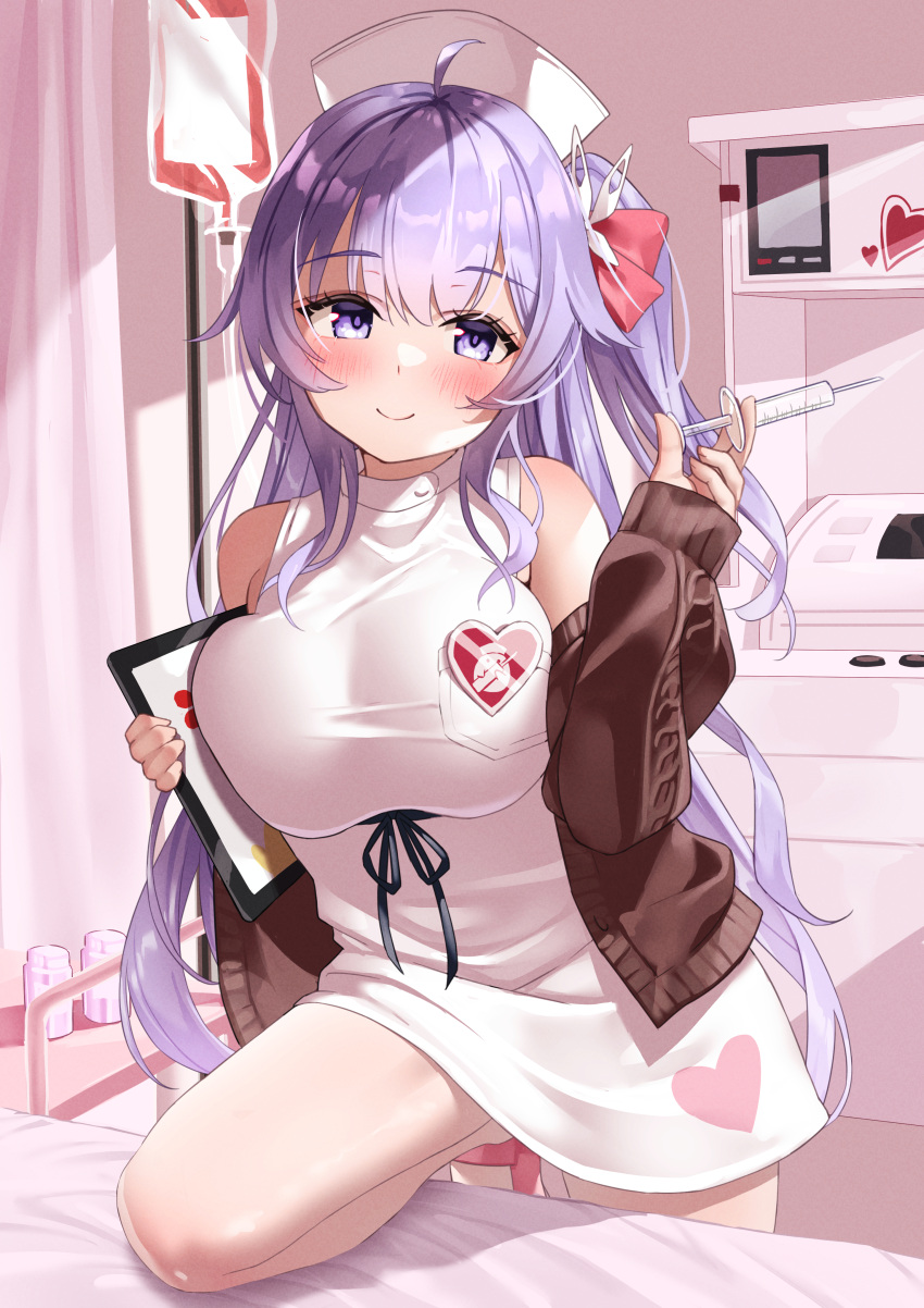 absurdres ahoge azur_lane bare_shoulders blush breasts classic_(zildjian33) closed_mouth dress female hair_ribbon hat highres large_breasts long_hair looking_at_viewer nurse nurse_cap official_alternate_costume one_side_up pantyhose purple_eyes purple_hair ribbon smile solo unicorn_(angelic_nurse)_(azur_lane) unicorn_(azur_lane) white_dress white_pantyhose