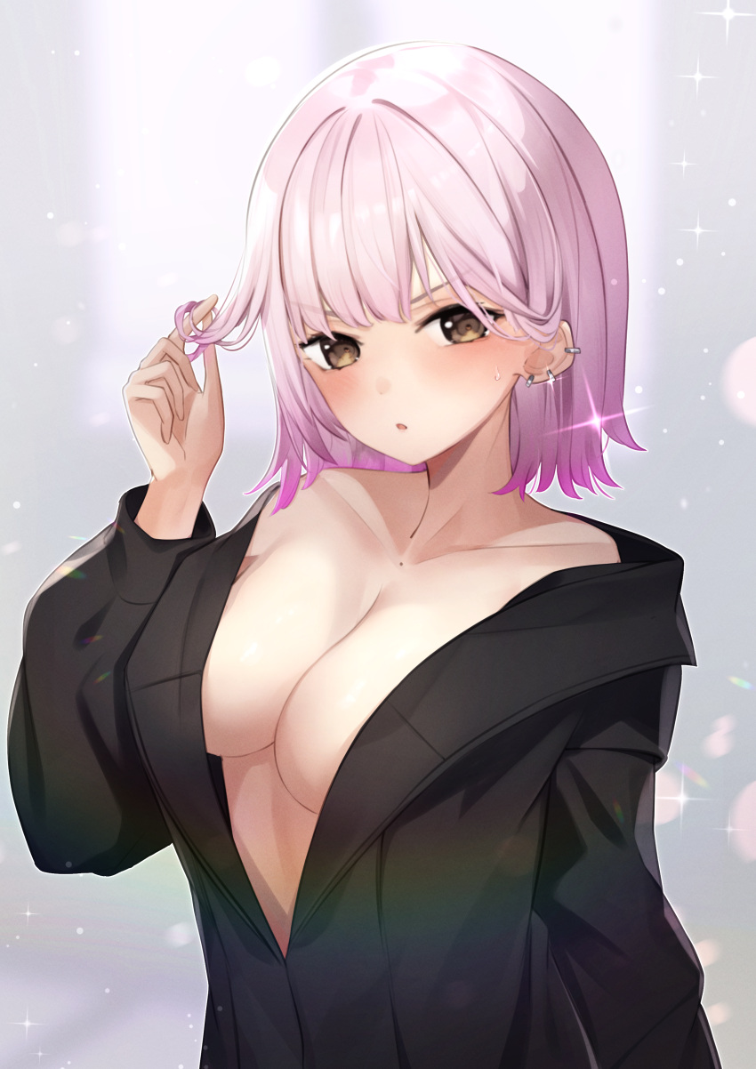 absurdres bare_shoulders blush breasts brown_eyes cleavage collarbone commentary_request e_buki earrings female gradient_hair hand_in_own_hair hand_up highres jewelry large_breasts long_sleeves multicolored_hair no_bra off_shoulder original pink_hair short_hair solo upper_body