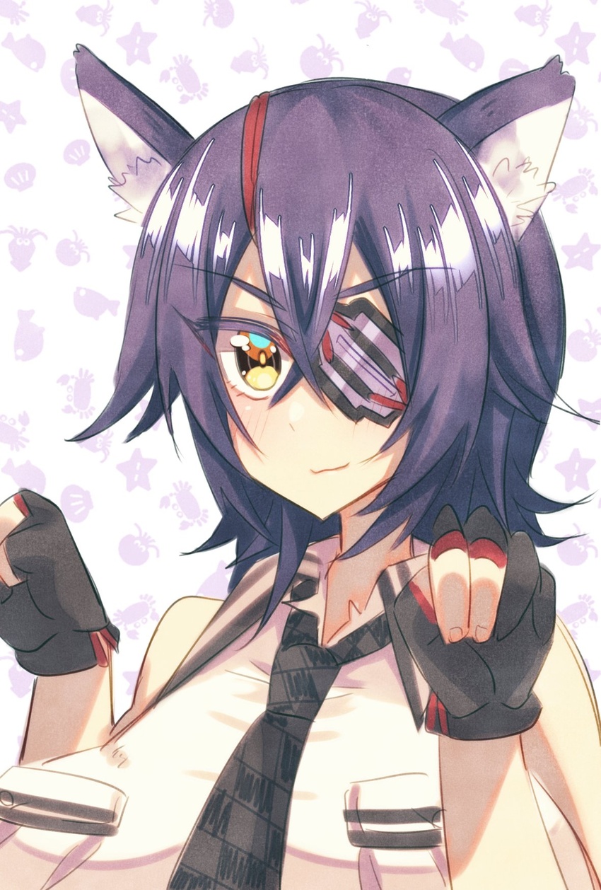 :3 animal_ear_fluff animal_ears black_gloves black_necktie cat_day cat_ears checkered_clothes checkered_necktie eyebrows eyepatch female fingerless_gloves fluff gloves highres kantai_collection medium_hair necktie one-eyed purple_hair shirt sleeveless sleeveless_shirt smile tenryuu_(kancolle) upper_body white_shirt yellow_eyes yuudadou