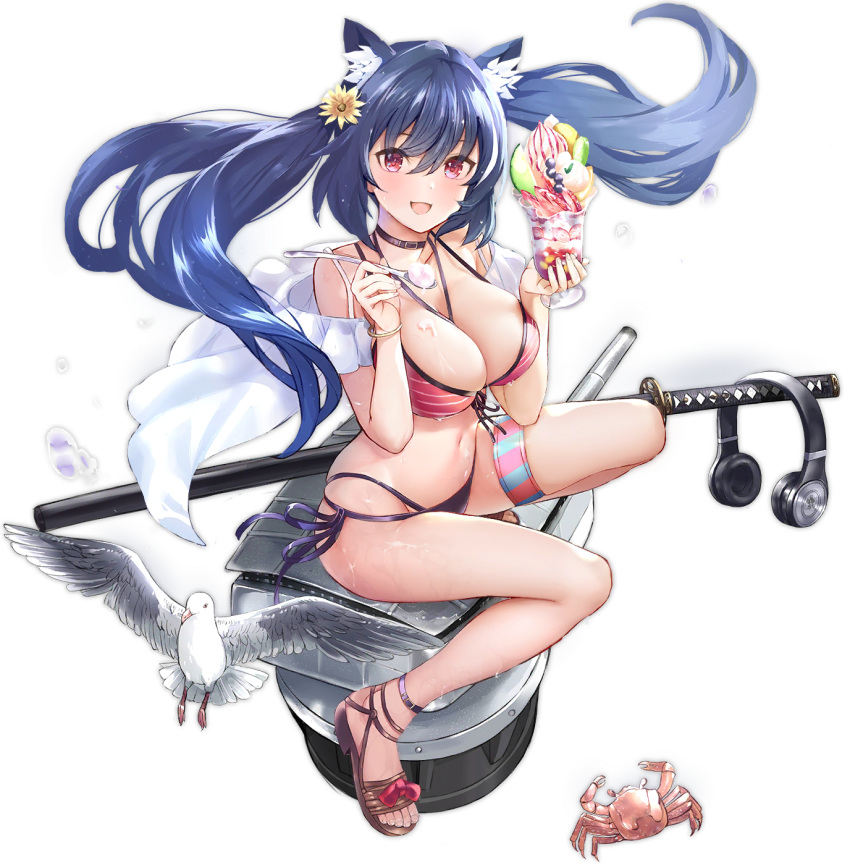 animal animal_ear_fluff animal_ears ashigara_(azur_lane) ashigara_(kaleidoscopic_summer)_(azur_lane) azur_lane ball bare_shoulders beach beachball bikini bird black_hair breasts choker cleavage crab female floating_hair flower front-tie_bikini_top front-tie_top hair_flower hair_ornament headphones headphones_removed highres holding katana large_breasts long_hair looking_at_viewer mismatched_bikini multi-strapped_bikini navel official_alternate_costume official_art open_mouth parfait red_eyes sandals seagull side-tie_bikini_bottom skindentation smile solo stomach swimsuit sword tetsujin_momoko thigh_strap thighs transparent_background turret twintails water weapon wolf_ears