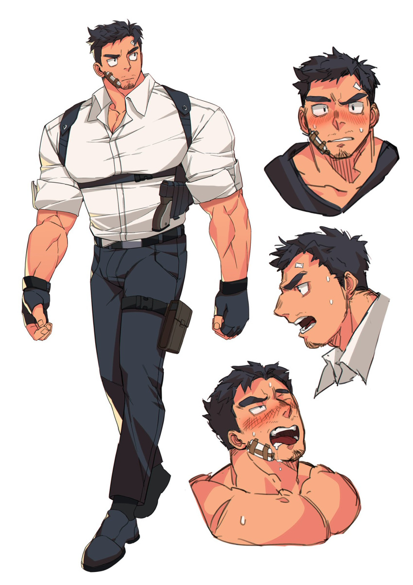 1boy ahe_gao bara blush bulge chest_harness cropped_torso expressions facial_hair full_body goatee_stubble harness highres large_pectorals male_focus mature_male multiple_views muscular muscular_male mustache_stubble original pectorals police police_uniform policeman profile short_hair sideburns sleeves_rolled_up stubble sweat thick_eyebrows ttn_(239_239) underbust uniform