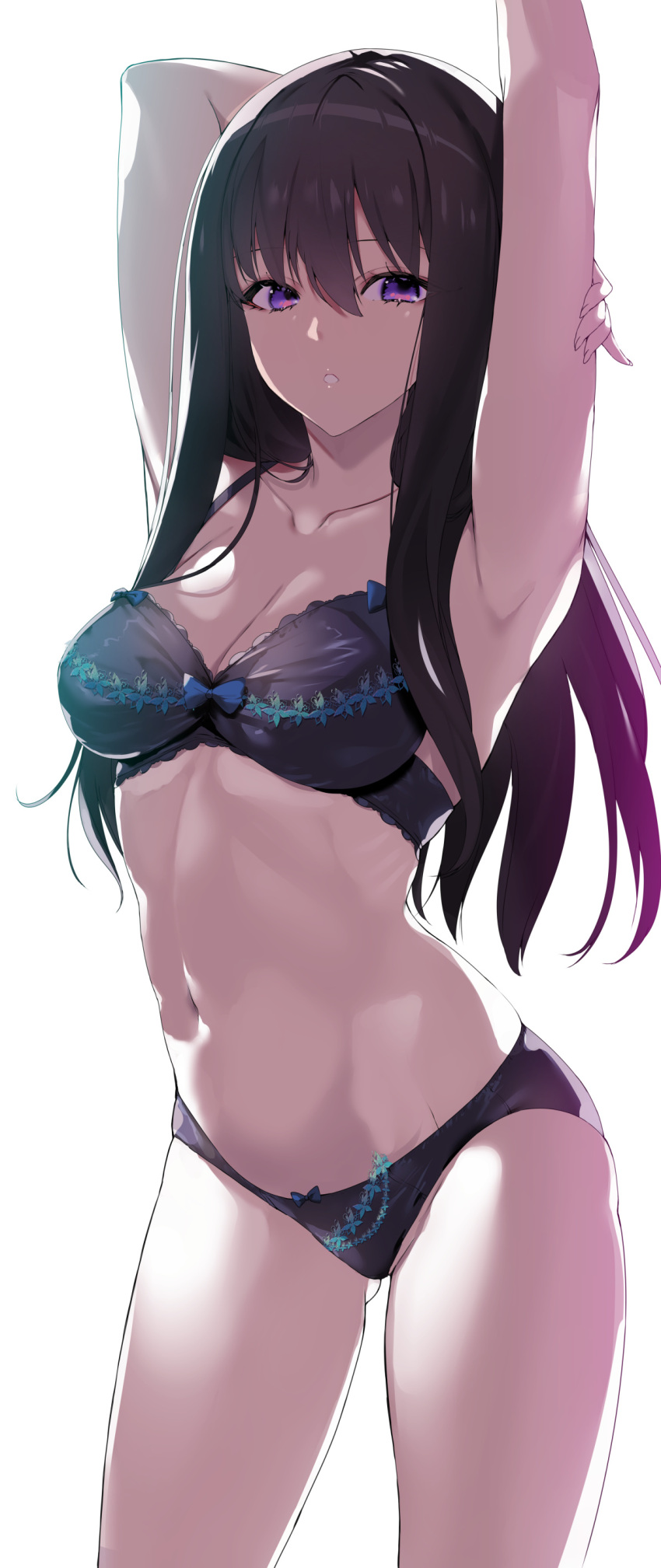 absurdres armpits arms_up bad_id bad_twitter_id bare_shoulders black_bra black_hair black_panties bra breasts cleavage commentary_request cowboy_shot female hair_between_eyes highres inoue_takina long_hair looking_at_viewer lycoris_recoil medium_breasts navel noto_kurumi panties purple_eyes simple_background solo standing stomach thighs underwear white_background