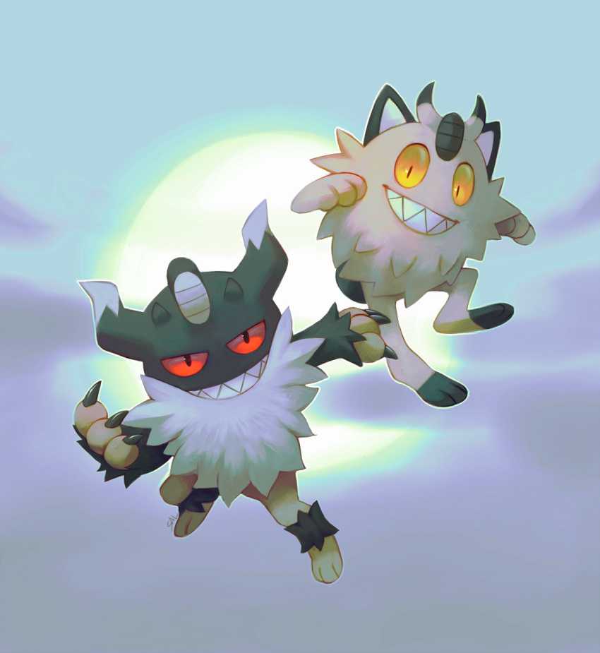 cat_focus claws commentary creature english_commentary feline full_body galarian_form galarian_meowth gen_8_pokemon grin highres jumping looking_at_viewer no_humans perrserker pokemon pokemon_(creature) salanchu smile