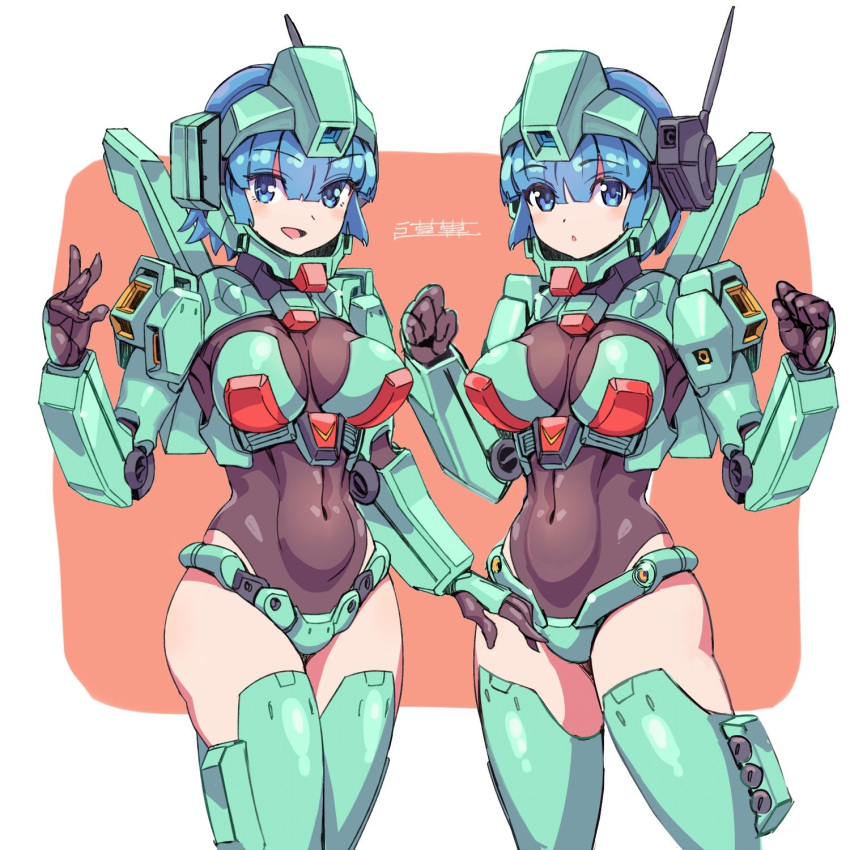 2girls :o black_gloves blue_eyes blue_hair breasts clenched_hands commentary_request covered_navel gloves gundam gundam_unicorn highres humanization mecha_musume medium_breasts michi_kuso missile_pod multiple_girls open_hand open_hands open_mouth short_hair signature skin_tight stark_jegan thighhighs