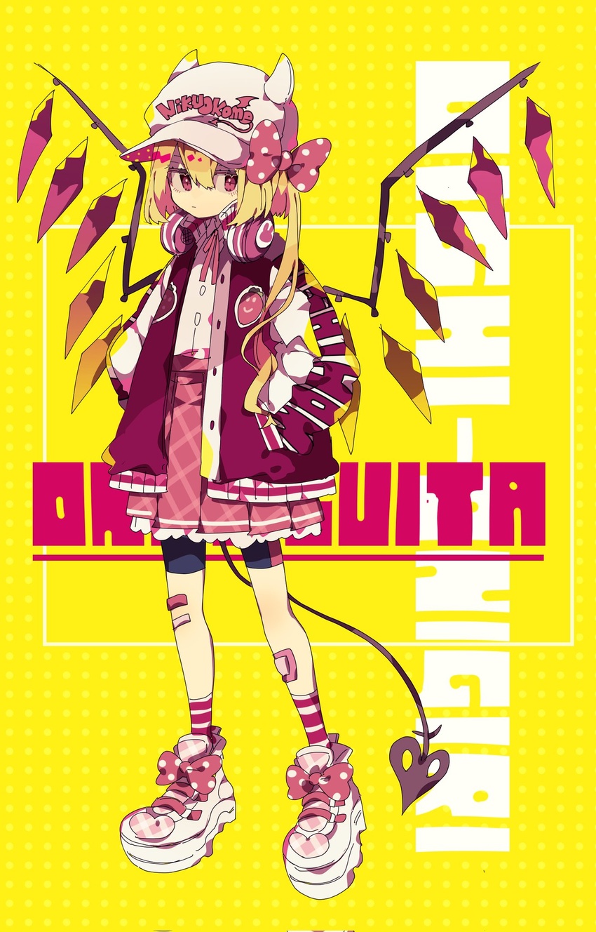 alternate_costume baseball_cap blonde_hair bow buttons casual closed_mouth corrupted_twitter_file crystal fake_horns female flandre_scarlet footwear_bow full_body hair_between_eyes hairbow hands_in_pockets hat headphones headphones_around_neck highres horned_headwear horns jacket jitome laevatein_(touhou) long_sleeves looking_at_viewer medium_hair miniskirt nikorashi-ka one_side_up pink_footwear pink_jacket pink_skirt polka_dot polka_dot_bow red_eyes shirt sideways_glance skirt smiley_face socks solo standing thigh_shorts touhou white_shirt wings yellow_background