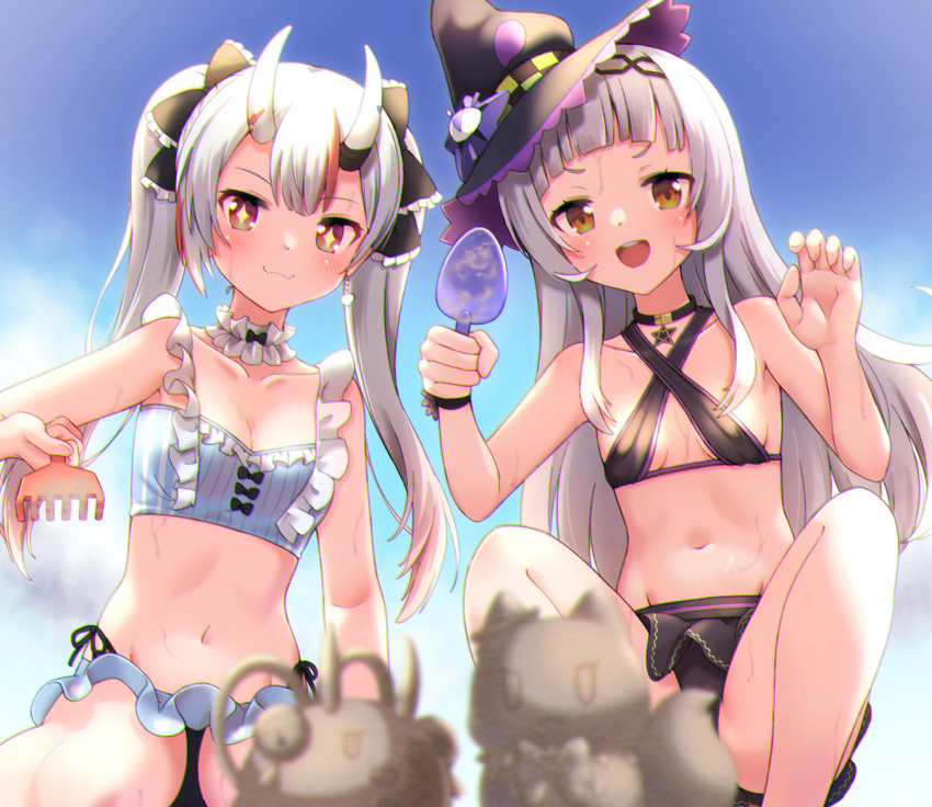 +_+ 2girls :d backlighting bare_arms bare_shoulders bikini black_bikini black_bow black_choker black_headwear blue_bikini blue_sky blush bow breasts brown_eyes brown_hair choker cleavage cloud collarbone criss-cross_halter day faubynet frilled_bow frills grey_hair hairbow halterneck hands_up hat holding hololive horns long_hair md5_mismatch multicolored_hair multiple_girls murasaki_shion murasaki_shion_(hololive_summer_2019) nakiri_ayame nakiri_ayame_(hololive_summer_2019) navel official_alternate_costume oni open_mouth outdoors poyoyo_(nakiri_ayame) red_eyes red_hair sand_sculpture shiokko_(murasaki_shion) sitting skin-covered_horns sky small_breasts smile squatting star_(symbol) stomach streaked_hair striped_bikini striped_clothes sweat swimsuit teeth tilted_headwear trowel twintails upper_teeth_only vertical-striped_bikini vertical-striped_clothes virtual_youtuber witch_hat