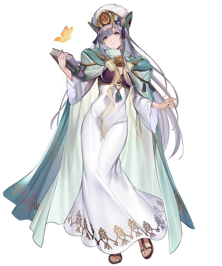 book breasts bug butterfly cape dress female fire_emblem fire_emblem:_genealogy_of_the_holy_war fire_emblem_heroes full_body hanusu hat highres holding holding_book julia_(fire_emblem) julia_(scion)_(fire_emblem) long_dress long_hair medium_breasts non-web_source official_art parted_lips purple_eyes purple_hair sandals smile solo standing toes transparent_background very_long_hair white_dress wide_sleeves