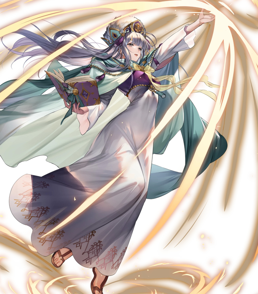 arm_up book breasts cape dress female fire_emblem fire_emblem:_genealogy_of_the_holy_war fire_emblem_heroes full_body hanusu hat highres holding holding_book julia_(fire_emblem) julia_(scion)_(fire_emblem) long_dress long_hair looking_away medium_breasts non-web_source official_art open_book open_mouth purple_eyes purple_hair sandals solo toes transparent_background white_dress wide_sleeves