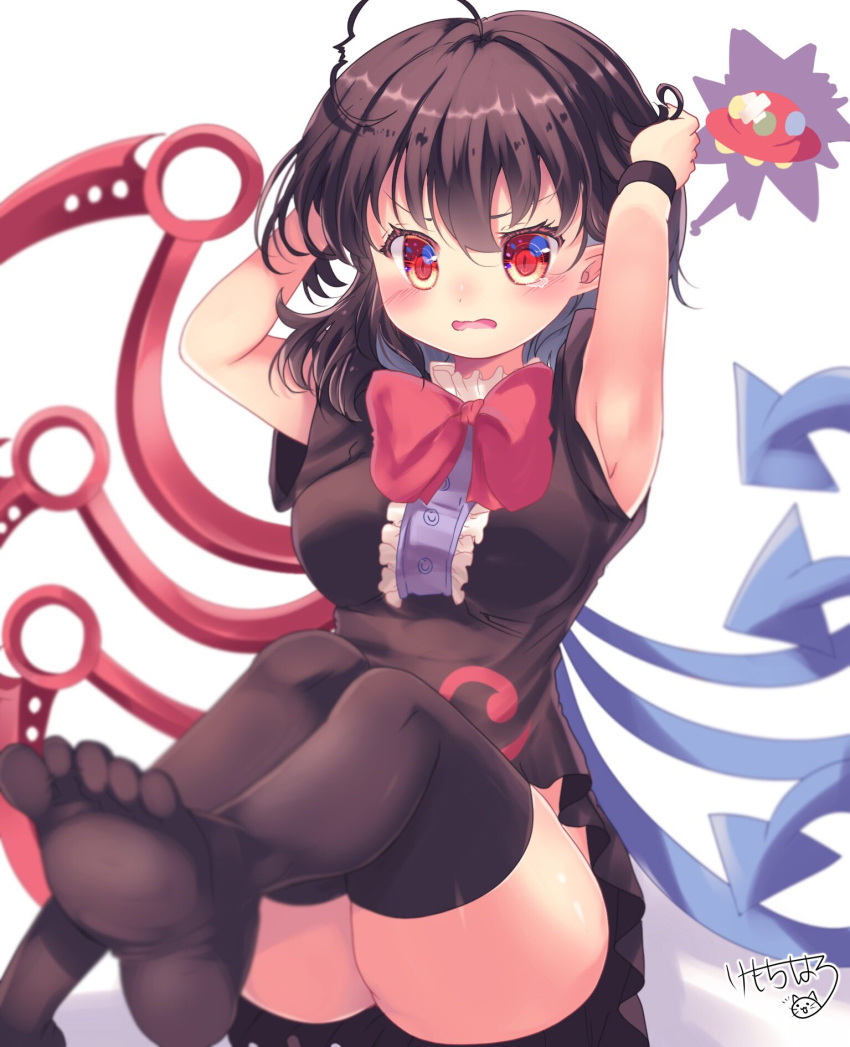 ahoge armpits arms_up asymmetrical_wings black_dress black_hair black_thighhighs blue_wings bow bowtie center_frills commentary_request dress feet female frills highres houjuu_nue kemo_chiharu looking_at_viewer no_shoes open_mouth red_bow red_bowtie red_eyes red_wings short_hair short_sleeves solo thighhighs thighs touhou ufo wings