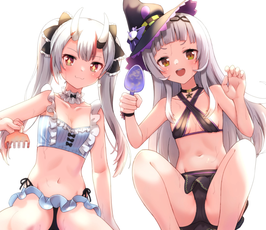 +_+ 2girls :d backlighting bare_arms bare_shoulders bikini black_bikini black_bow black_choker black_headwear blue_bikini blush bow breasts brown_eyes brown_hair choker cleavage collarbone commentary_request criss-cross_halter faubynet frilled_bow frills grey_hair hairbow halterneck hands_up hat holding hololive horns long_hair md5_mismatch multicolored_hair multiple_girls murasaki_shion murasaki_shion_(hololive_summer_2019) nakiri_ayame nakiri_ayame_(hololive_summer_2019) navel official_alternate_costume oni open_mouth red_eyes red_hair simple_background sitting skin-covered_horns small_breasts smile squatting star_(symbol) stomach streaked_hair striped_bikini striped_clothes sweat swimsuit teeth tilted_headwear trowel twintails upper_teeth_only vertical-striped_bikini vertical-striped_clothes virtual_youtuber white_background witch_hat