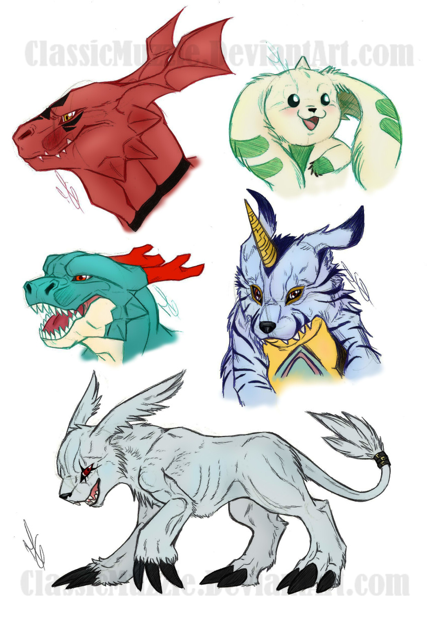 bandai_namco black_claws black_markings black_nose blue_body blue_fur blue_markings classicmuzzle_(artist) claws digimon digimon_(species) dracomon eye_scar facial_scar fur gabumon gazimon green_body green_markings grey_body grey_fur guilmon headshot_portrait hi_res horn lagomorph mammal markings multiple_images open_mouth portrait red_body reptile scalie scar sharp_teeth signature simple_background solo tail tail_tuft teeth terriermon tuft white_background