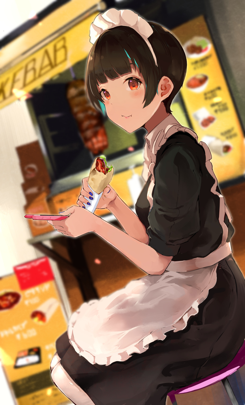 absurdres apron blue_nails blurry blurry_background bob_cut cellphone closed_mouth eating female highres looking_at_viewer maid maid_apron maid_headdress original outdoors phone red_eyes restaurant shawarma short_hair sidelocks sitting solo tanaka_(user_hfds7453) white_legwear wrap_(food)