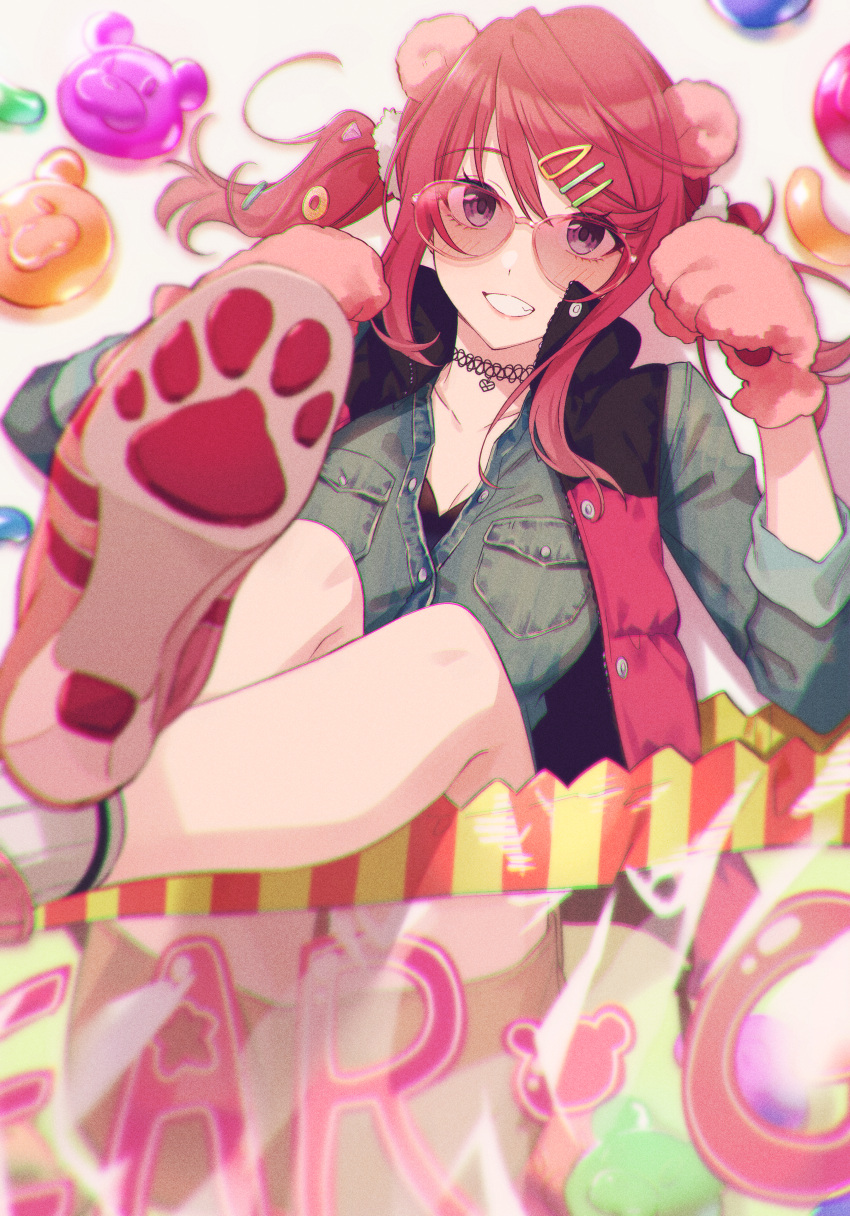 :d absurdres animal_ears animal_hands ankle_socks bad_source bag bear_ears bear_paws breasts buttons candy choker chromatic_aberration collarbone commentary denim denim_jacket english_commentary feet_out_of_frame female food from_above gloves grin gummy_bear hair_ornament hairclip high_heels highres jacket large_breasts legs_up light_blush long_hair looking_at_viewer lying miniskirt on_back open_mouth original paw_gloves paw_pose paw_print paw_print_soles pink-framed_eyewear pink-tinted_eyewear pink_hair pocket purple_eyes scrunchie sidelocks simple_background skirt sleeves_rolled_up smile socks solo sunglasses swept_bangs tinted_eyewear tomari_(veryberry00) twitter_username two_side_up unbuttoned vest white_background