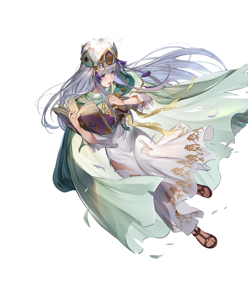 book breasts cape dress female fire_emblem fire_emblem:_genealogy_of_the_holy_war fire_emblem_heroes full_body hanusu hat highres holding holding_book julia_(fire_emblem) julia_(scion)_(fire_emblem) long_dress long_hair looking_away non-web_source official_art open_book open_mouth purple_eyes purple_hair sandals solo toes torn_clothes torn_dress transparent_background very_long_hair white_dress wide_sleeves