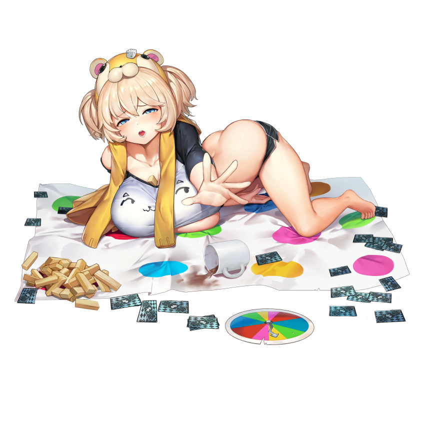 barefoot blonde_hair breasts card cleavage cup ella_of_the_sky female hamster_hood highres huge_breasts jam_(nandade) jenga last_origin mug official_alternate_costume official_art oppai_loli short_shorts shorts third-party_source transparent_background twintails twister twister_wheel two_side_up