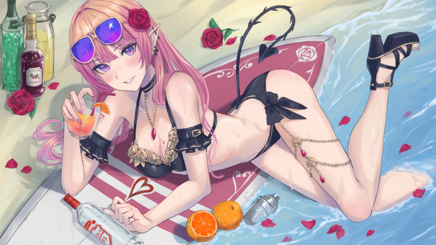 alcohol armband barbell_piercing beach bendy_straw bikini black_bikini blush bottle breasts choker cocktail_shaker cup demon_tail drink drinking_glass drinking_straw ear_piercing earrings english_commentary enporion eyewear_on_head female fingernails flower food frilled_armband frills fruit hair_flower hair_ornament high_heels highres holding holding_cup industrial_piercing jewelry long_fingernails long_hair looking_at_viewer lying medium_breasts mole mole_on_breast nail_polish necklace on_ground on_side orange_(fruit) original outdoors petals piercing pink_hair pink_nails platform_footwear platform_heels pointy_ears purple-tinted_eyewear purple_eyes red_flower red_rose rose sand smile solo strappy_heels sunglasses surfboard swimsuit tail teeth thighlet tinted_eyewear toenail_polish toenails vodka water wet