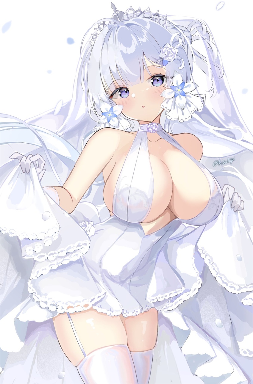 azur_lane blue_eyes breasts bridal_veil center_opening cleavage cowboy_shot dress female flower garter_straps gloves highres illustrious_(azur_lane) illustrious_(morning_star_of_love_and_hope)_(azur_lane) kisahipi lace-trimmed_dress lace_trim large_breasts long_hair mole mole_under_eye official_alternate_costume rose sleeveless sleeveless_dress solo thighhighs tiara tri_tails veil wedding_dress white_dress white_flower white_garter_straps white_gloves white_hair white_rose white_theme white_thighhighs