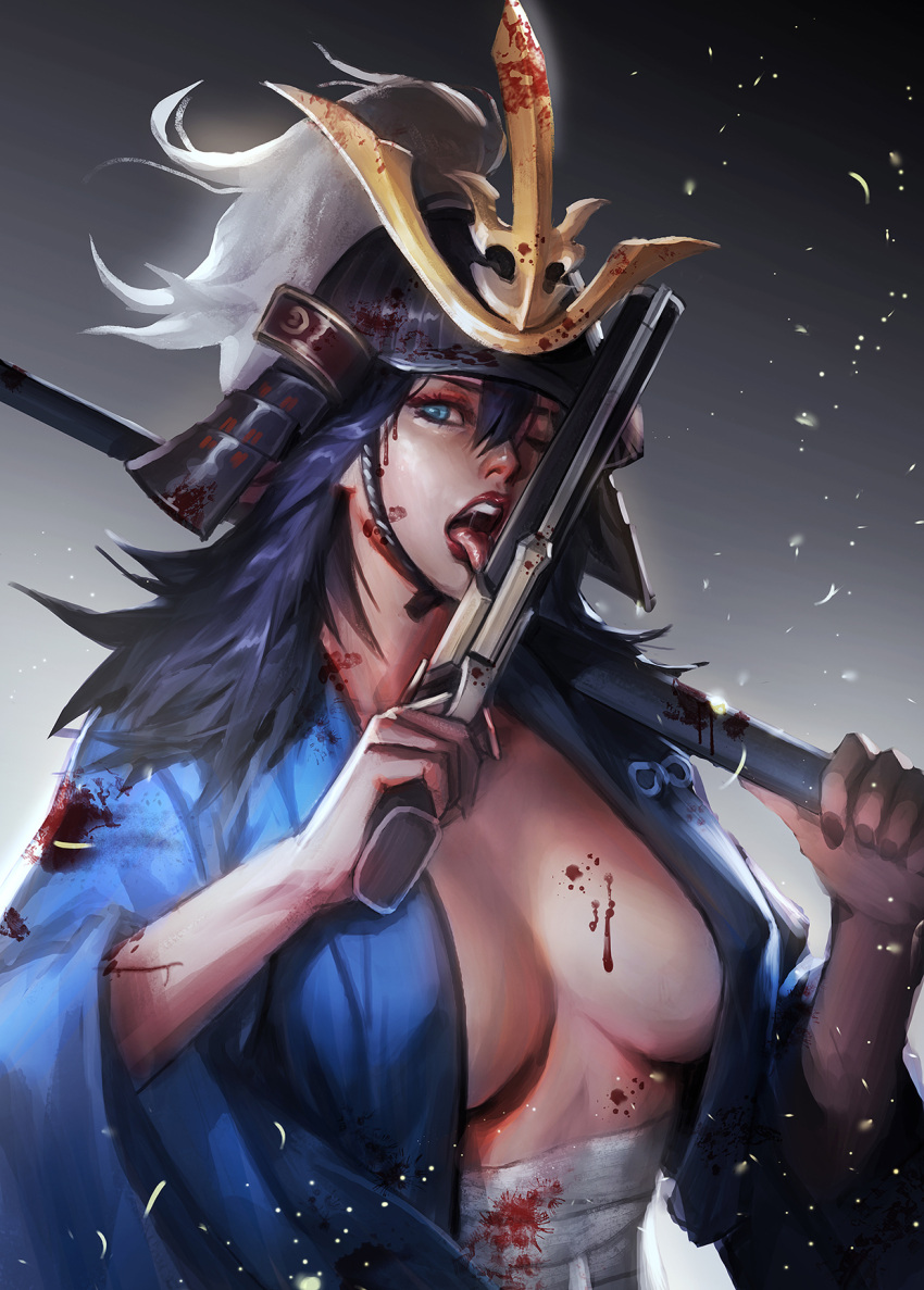 armor ashina_isshin bandages blood blue_eyes blue_hair blue_kimono breasts cleavage female genderswap_(mtf) gun handgun helmet highres japanese_armor japanese_clothes kabuto_(helmet) kdash kimono large_breasts licking one-eyed rule_63 samurai sekiro:_shadows_die_twice solo sword_saint_isshin tongue tongue_out weapon