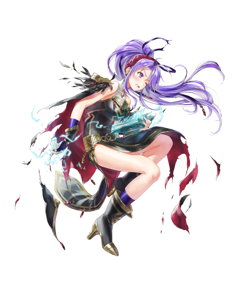 ankle_boots blush book boots bridal_gauntlets cape clenched_teeth dress earrings female fire_emblem fire_emblem:_genealogy_of_the_holy_war fire_emblem_heroes full_body hair_ornament high_heel_boots high_heels highres holding holding_book jewelry kaya8 lightning long_hair looking_away non-web_source official_art one_eye_closed open_book ponytail purple_eyes purple_hair sidelocks sleeveless sleeveless_dress solo tailtiu_(fire_emblem) tailtiu_(resplendent)_(fire_emblem) teeth thighs torn_clothes transparent_background