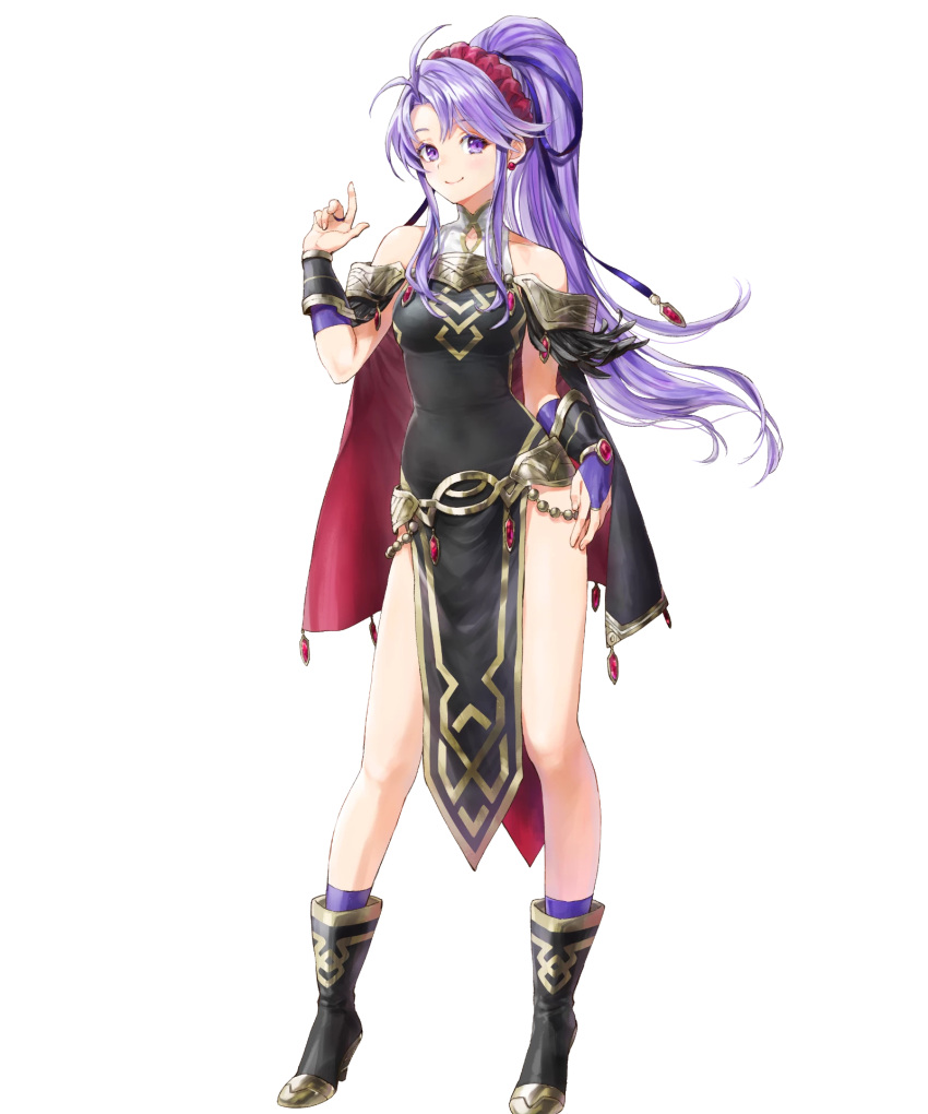 ahoge ankle_boots bare_shoulders belt boots bridal_gauntlets cape closed_mouth dress earrings female fire_emblem fire_emblem:_genealogy_of_the_holy_war fire_emblem_heroes full_body hair_ornament hand_up high_heel_boots high_heels highres jewelry kaya8 long_hair looking_at_viewer non-web_source official_art ponytail purple_eyes purple_hair purple_socks sidelocks sleeveless sleeveless_dress smile socks solo standing tailtiu_(fire_emblem) tailtiu_(resplendent)_(fire_emblem) thighs transparent_background turtleneck