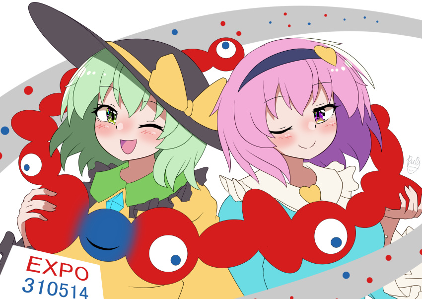 2girls ;d absurdres blue_shirt blush commentary_request expo2025 green_eyes green_hair hairband hat heart highres koishi_day komeiji_koishi komeiji_satori long_sleeves looking_at_viewer md5_mismatch multiple_girls myaku-myaku one_eye_closed open_mouth pink_eyes pink_hair polyhedron2 satori_day shirt short_hair siblings sisters smile third_eye touhou upper_body