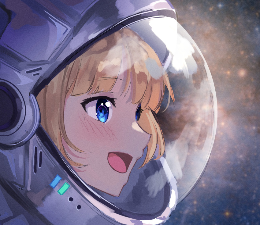 absurdres astronaut blonde_hair blue_eyes bob_cut close-up dayshiart english_commentary female from_side helmet highres hololive hololive_english light_blush looking_ahead open_mouth outer_wilds solo space space_helmet virtual_youtuber watson_amelia