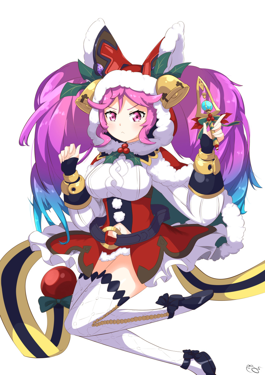 :< basukechi belt blue_hair capelet cleo_(dragalia_lost) dagger dragalia_lost female fur_trim hat hat_bell highres holding holding_dagger holding_knife holding_weapon knife long_hair long_sleeves looking_at_viewer multicolored_hair navel official_alternate_costume pink_eyes pink_hair red_hat santa_hat skirt solo thighhighs twintails two-tone_hair weapon white_background white_skirt white_thighhighs