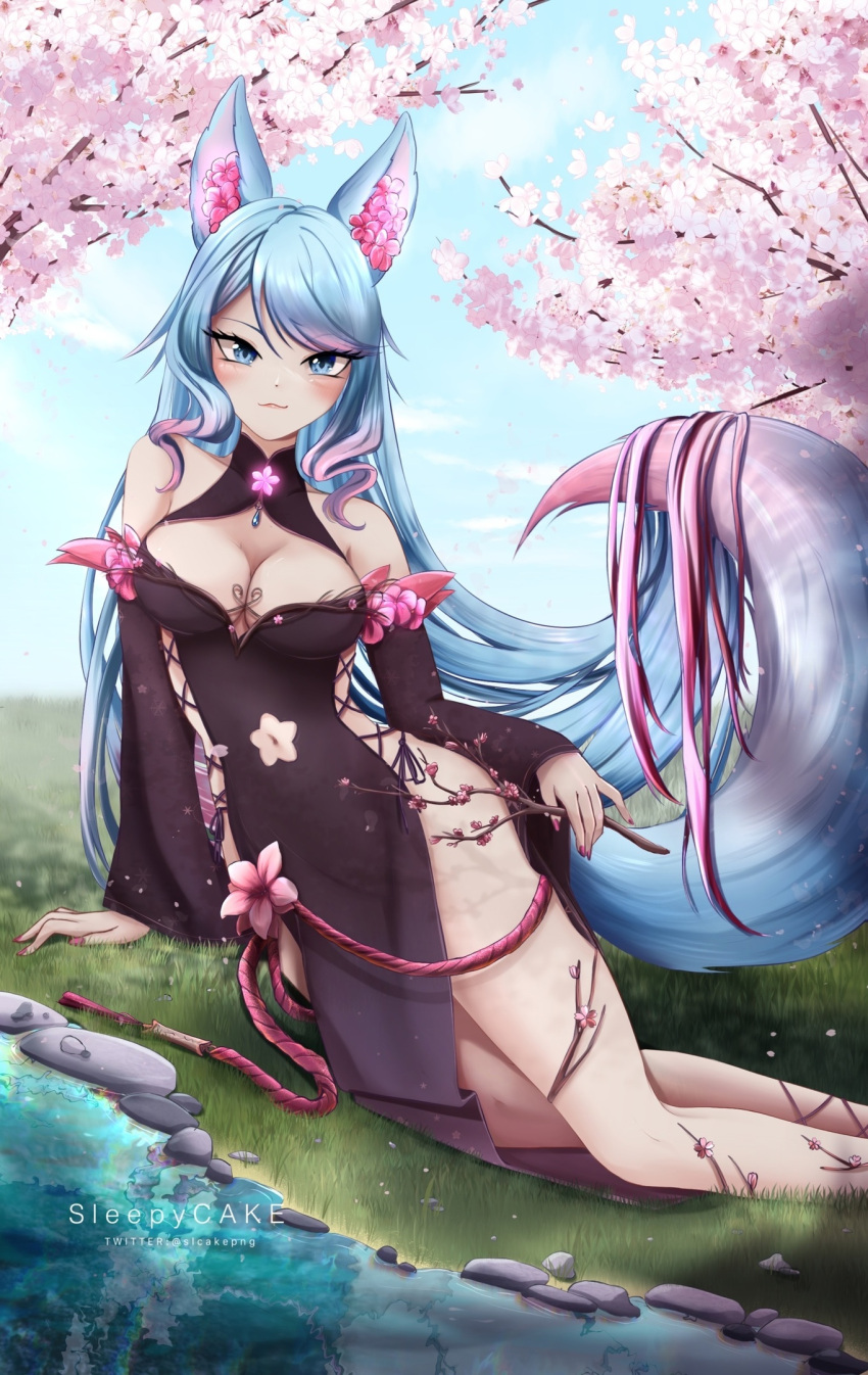 animal_ear_fluff animal_ears black_kimono black_sleeves blue_eyes blue_hair blue_sky blue_tail blush breasts cherry_blossoms cleavage cleavage_cutout clothing_cutout detached_sleeves female flower hair_flower hair_ornament highres hip_vent japanese_clothes kimono large_breasts long_hair looking_at_viewer multicolored_hair nail_polish navel_cutout outdoors pink_flower pink_hair pink_nails pink_tail silvervale silvervale_(sakura_goddess) sky sleepycake smile solo streaked_hair swept_bangs tail virtual_youtuber vshojo wolf_ears wolf_girl wolf_tail