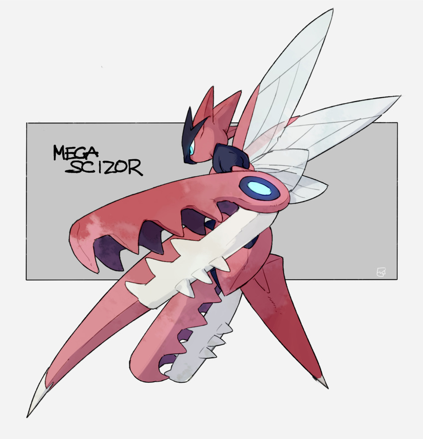 blue_eyes character_name commentary_request full_body glowing highres legs_apart mega_pokemon mega_scizor nigiri_(ngr24) no_humans pincers pokemon pokemon_(creature) scizor signature solo standing