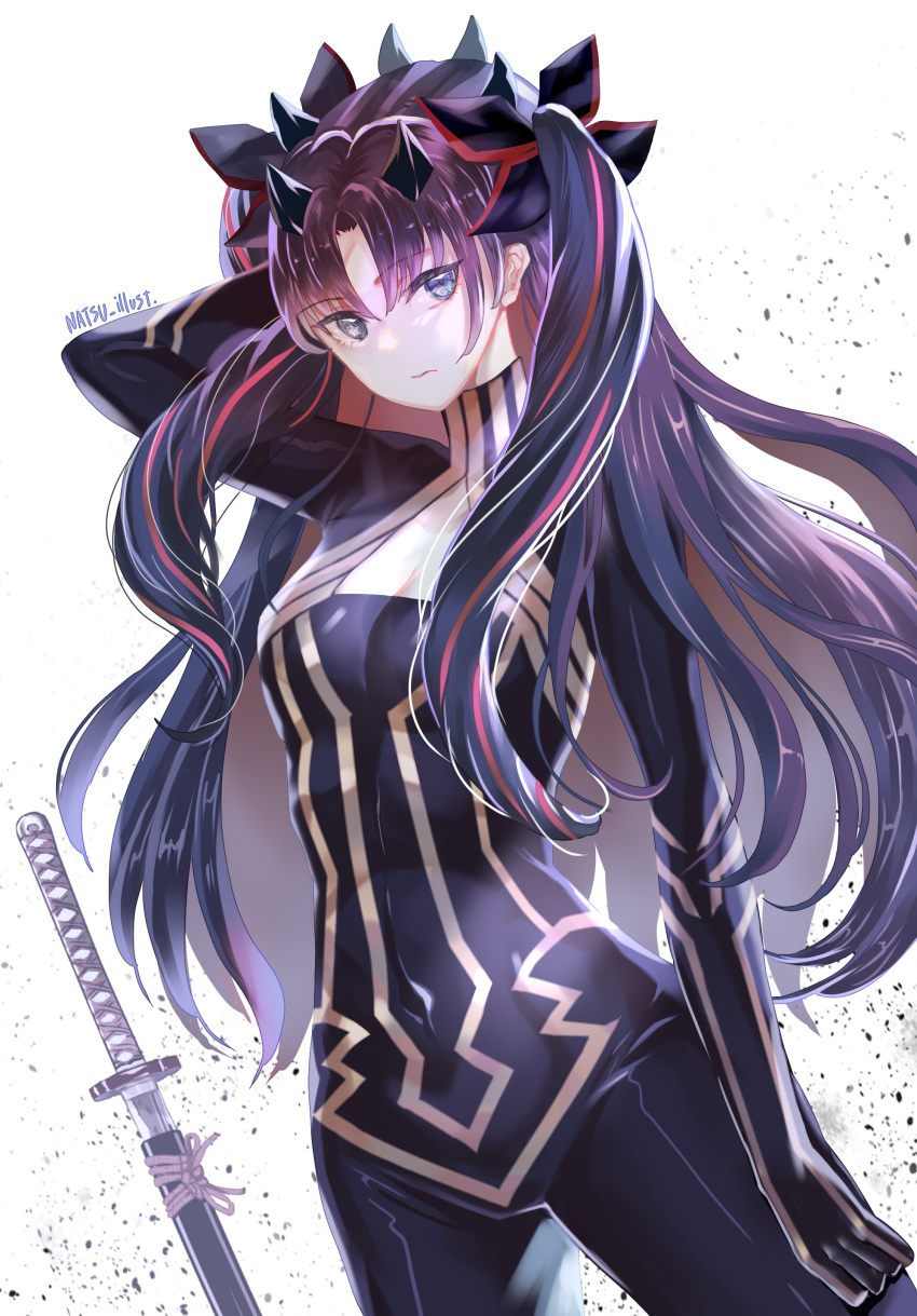 absurdres artist_name bad_id bad_pixiv_id black_hair black_ribbon covered_nipples dutch_angle fate/grand_order fate_(series) female graphite_(medium) hand_in_own_hair highres horns ishtar_(fate) katana long_hair looking_at_viewer multicolored_hair natsujiru red_hair ribbon sheath sheathed solo space_ishtar_(fate) space_ishtar_(first_ascension)_(fate) streaked_hair sword traditional_media twintails weapon white_background