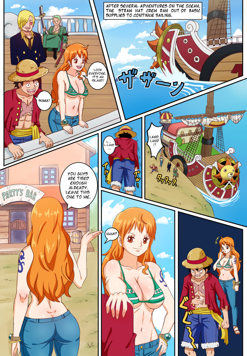 bikini_top female female_focus huge_ass huge_breasts jeans male monkey_d_luffy nami ocean one_piece pinkpawg pirate roronoa_zoro ship sword vinsmoke_sanji