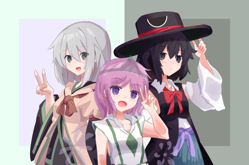 1other 2girls absurdres androgynous bare_shoulders black_eyes black_hair bow breasts brown_coat coat commentary_request detached_sleeves enraku_tsubakura genderswap_(otf) grey_eyes grey_hair hat highres honeycthylla1 houlen_yabusame japanese_clothes large_hat len'en medium_hair multiple_girls multiple_others pink_eyes pink_hair red_ribbon ribbon rule_63 shion_(len'en) short_hair small_breasts smile top_hat triangular_headpiece v wide_sleeves