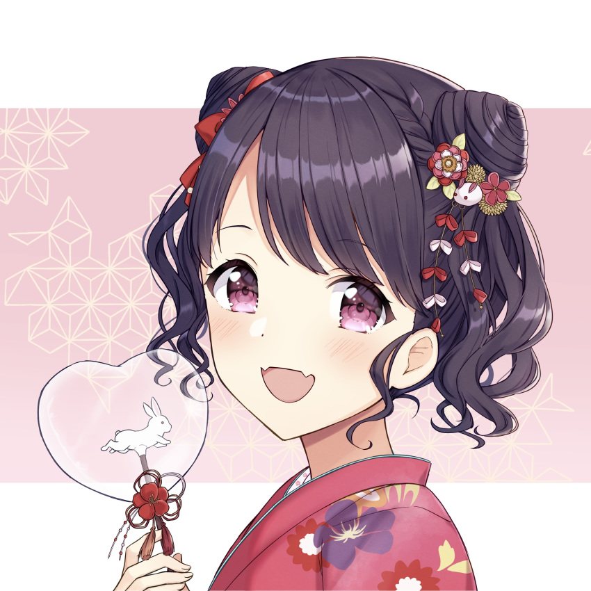 :d absurdres black_hair blush commentary_request double_bun fangs female floral_print from_side fukumaru_koito hair_bun hair_ornament hand_up heart highres holding idolmaster idolmaster_shiny_colors japanese_clothes kimono looking_at_viewer looking_to_the_side mochiko_(uyu_omochi) open_mouth pink_background print_kimono red_eyes red_kimono smile solo swept_bangs transparent two-tone_background upper_body white_background