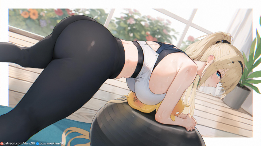 ass azur_lane ball black_pants blonde_hair blue_eyes breasts dan-98 english_commentary exercise_ball female highres indoors large_breasts leaning_on_ball long_hair looking_at_viewer looking_back looking_to_the_side manjuu_(azur_lane) official_alternate_costume painleve_(azur_lane) painleve_(team_stretching)_(azur_lane) pants parted_lips ponytail sports_bra tight_clothes tight_pants very_long_hair white_sports_bra yoga_mat yoga_pants