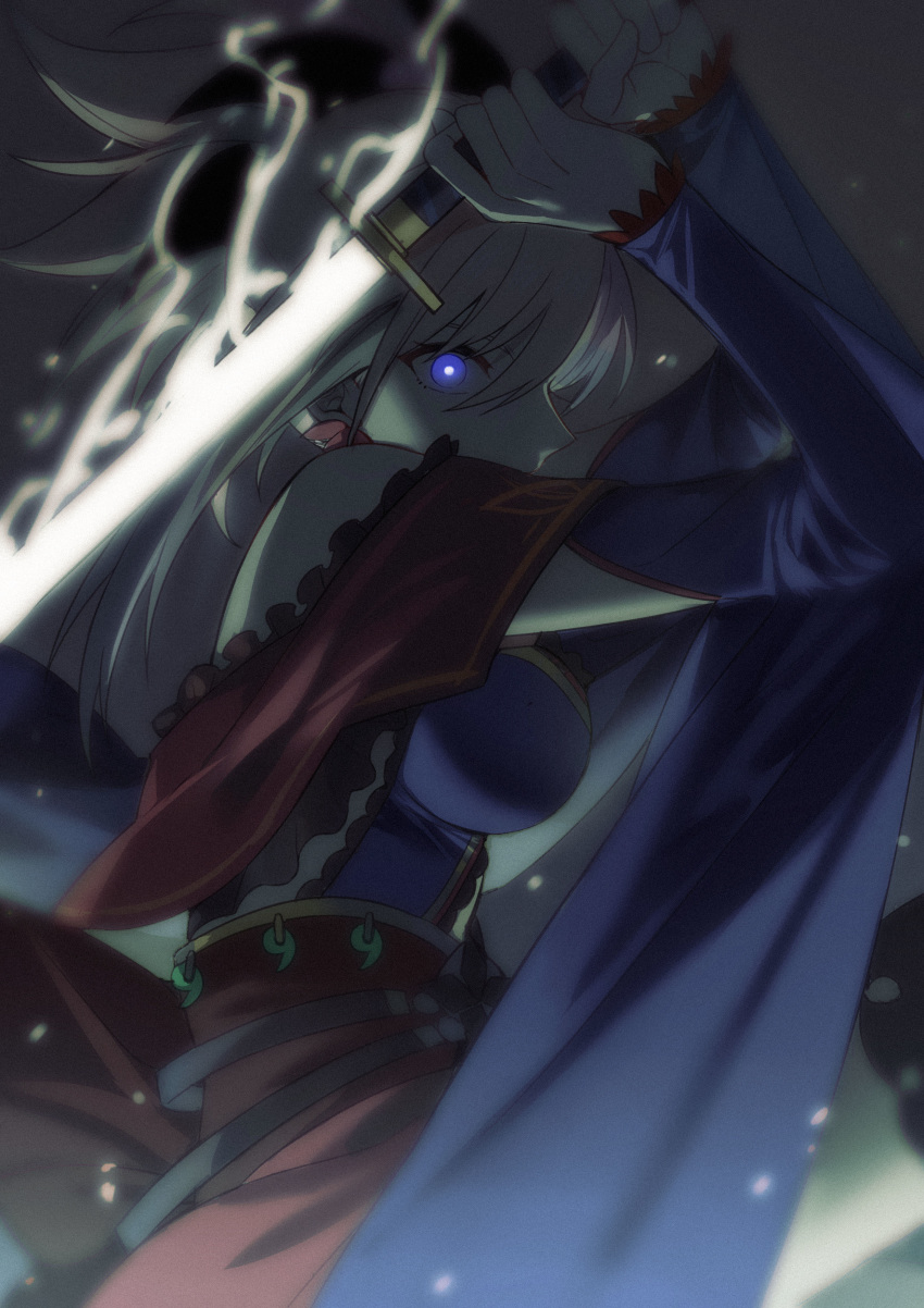 absurdres bare_shoulders blurry cowboy_shot depth_of_field detached_sleeves fate/grand_order fate_(series) female from_side hair_between_eyes highres katana long_hair looking_at_viewer miyamoto_musashi_(fate) obi sash solo sword weapon yorukun