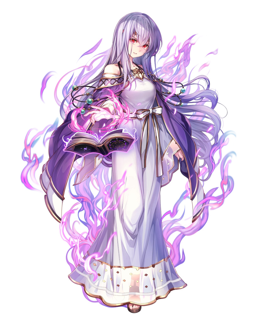 aura bare_shoulders book breasts cape chachie circlet dark_aura dark_persona dress evil_smile female fire_emblem fire_emblem:_genealogy_of_the_holy_war fire_emblem_heroes floating floating_object full_body hair_ornament highres holding holding_book jewelry julia_(fire_emblem) julia_(heart_usurped)_(fire_emblem) long_dress long_hair long_sleeves looking_at_viewer medium_breasts non-web_source official_art open_book parted_lips purple_cape purple_eyes purple_hair red_eyes sandals see-through smile solo standing toeless_footwear transparent_background very_long_hair wide_sleeves