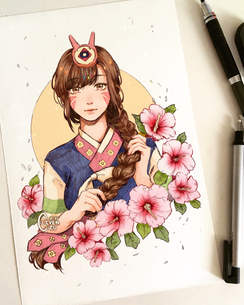 alternate_hairstyle art_tools_in_frame artist_name bad_id bad_twitter_id bokjumeoni braid brown_eyes brown_hair clivenzu closed_mouth commentary d.va_(overwatch) english_commentary facial_mark female fingernails flower graphite_(medium) hair_ornament hair_over_shoulder hanbok hands_up highres holding holding_own_hair korean_clothes long_braid looking_at_viewer mechanical_pencil mixed_media official_alternate_costume overwatch overwatch_1 palanquin_d.va pencil photo_(medium) pink_flower pink_nails rose_of_sharon single_braid solo traditional_media twitter_username whisker_markings