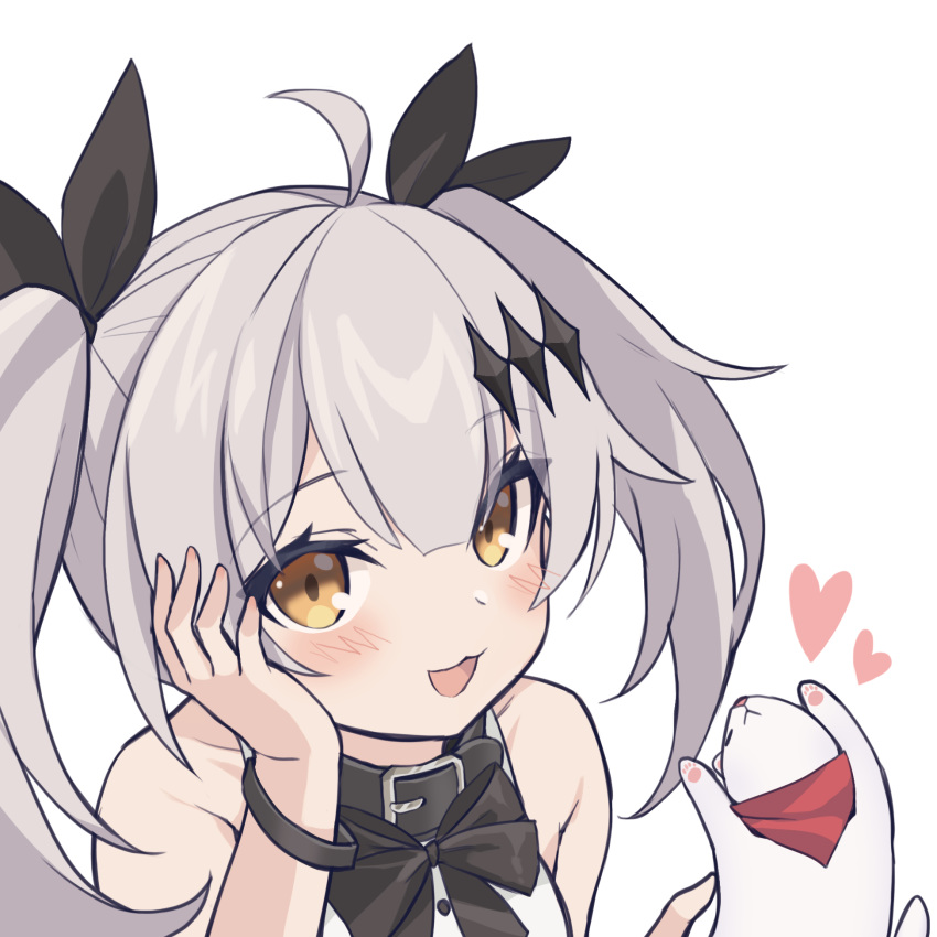 :3 aged_down ahoge animal arm_support black_collar black_ribbon blush bow bracelet collar commentary_request female ferret five-seven_(adventures_of_fenfen)_(girls'_frontline) five-seven_(girls'_frontline) girls'_frontline grey_hair hair_ornament hair_ribbon head_rest heart highres jewelry jingo korean_commentary long_hair looking_at_viewer official_alternate_costume open_mouth red_scarf ribbon scarf smile solo twintails white_background yellow_eyes